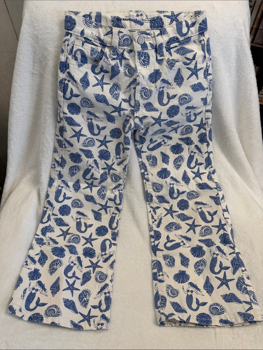 Old Navy White Jeans with Blue Seashell & Mermaid Print